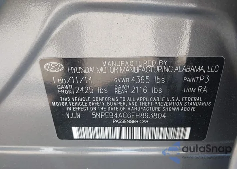 2014 Hyundai Sonata Gls z USA, uszkodzony, nr VIN 5NPEB4AC6EH893804
